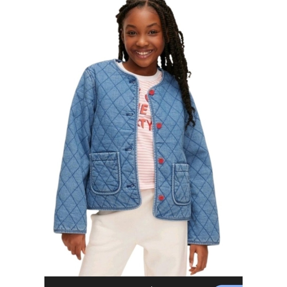 Kate Spade x Target Girls M 8-10 Denim Quilted Jacket‎ Strawberry Buttons EUC